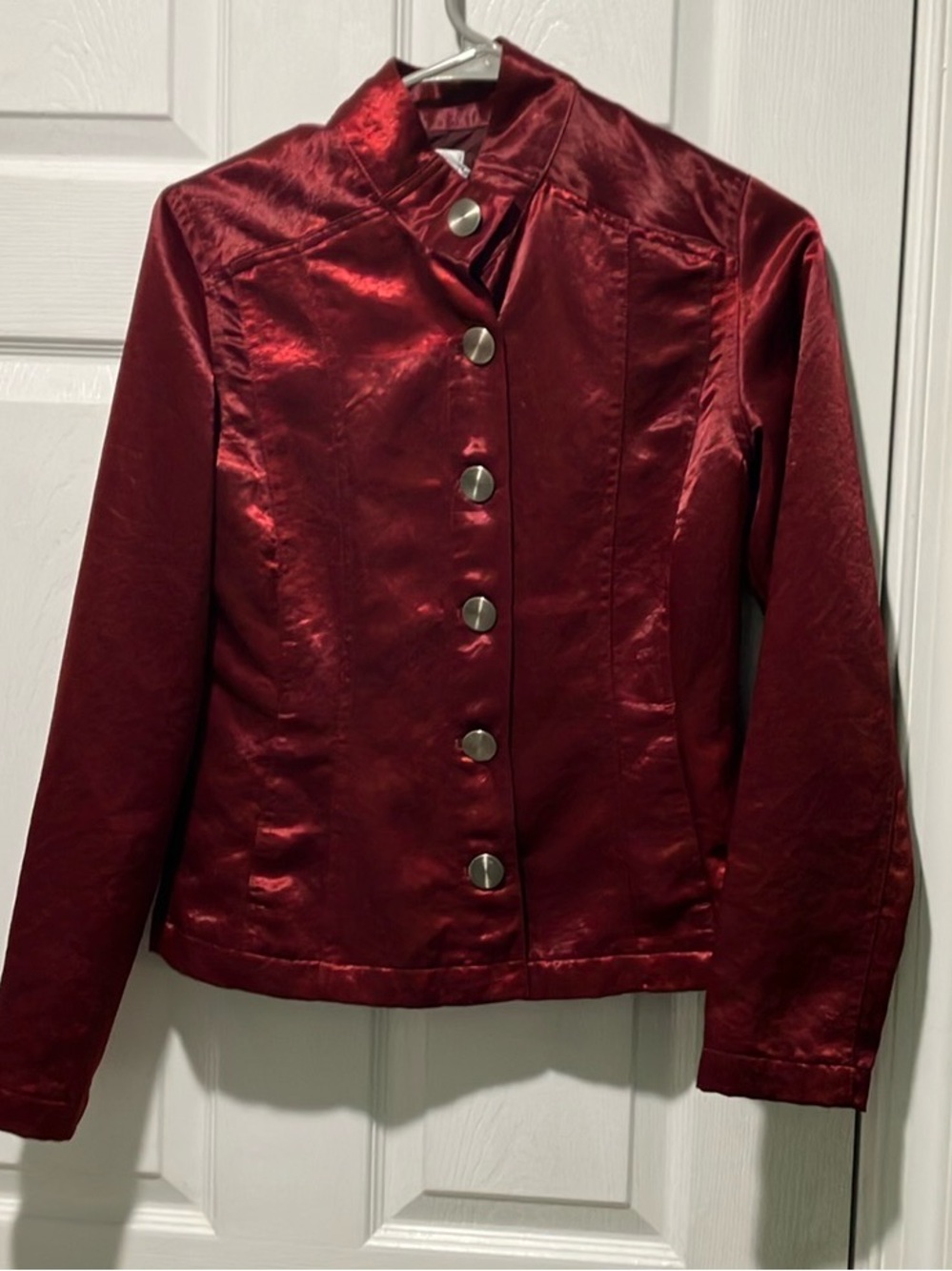 Red Button-Front Jacket small Chicos satin washable mandarin collar